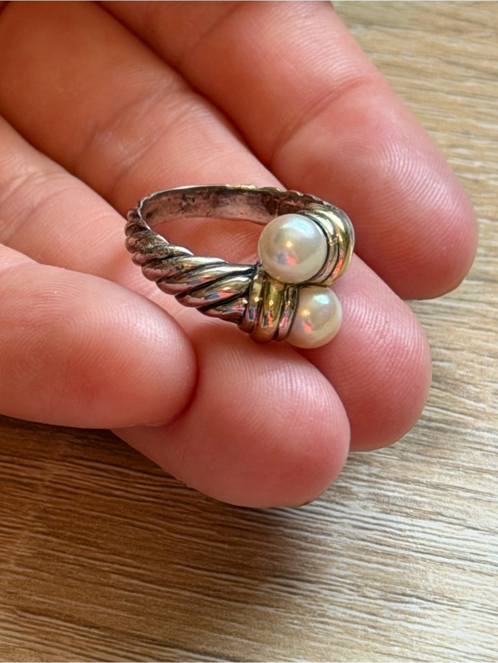 LN David Yurman Cable Classic Bypass Ring, 18k Gold, Sterling Silver, Pearls 6.5